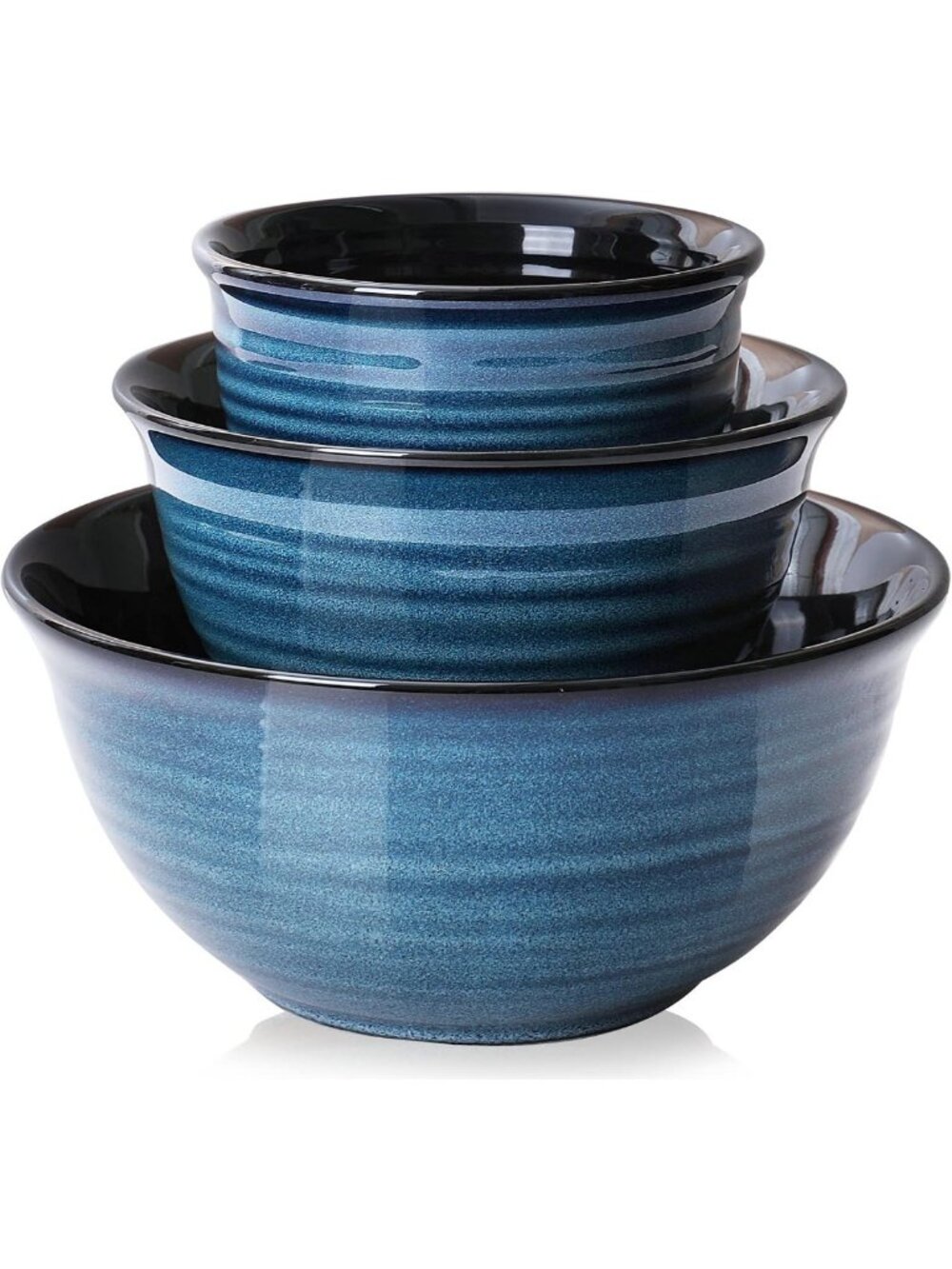 Set of 3 Nesting Ceramic Serving Bowls - 2.1 Qt, 1.0 Qt, 0.5 Qt - Blue